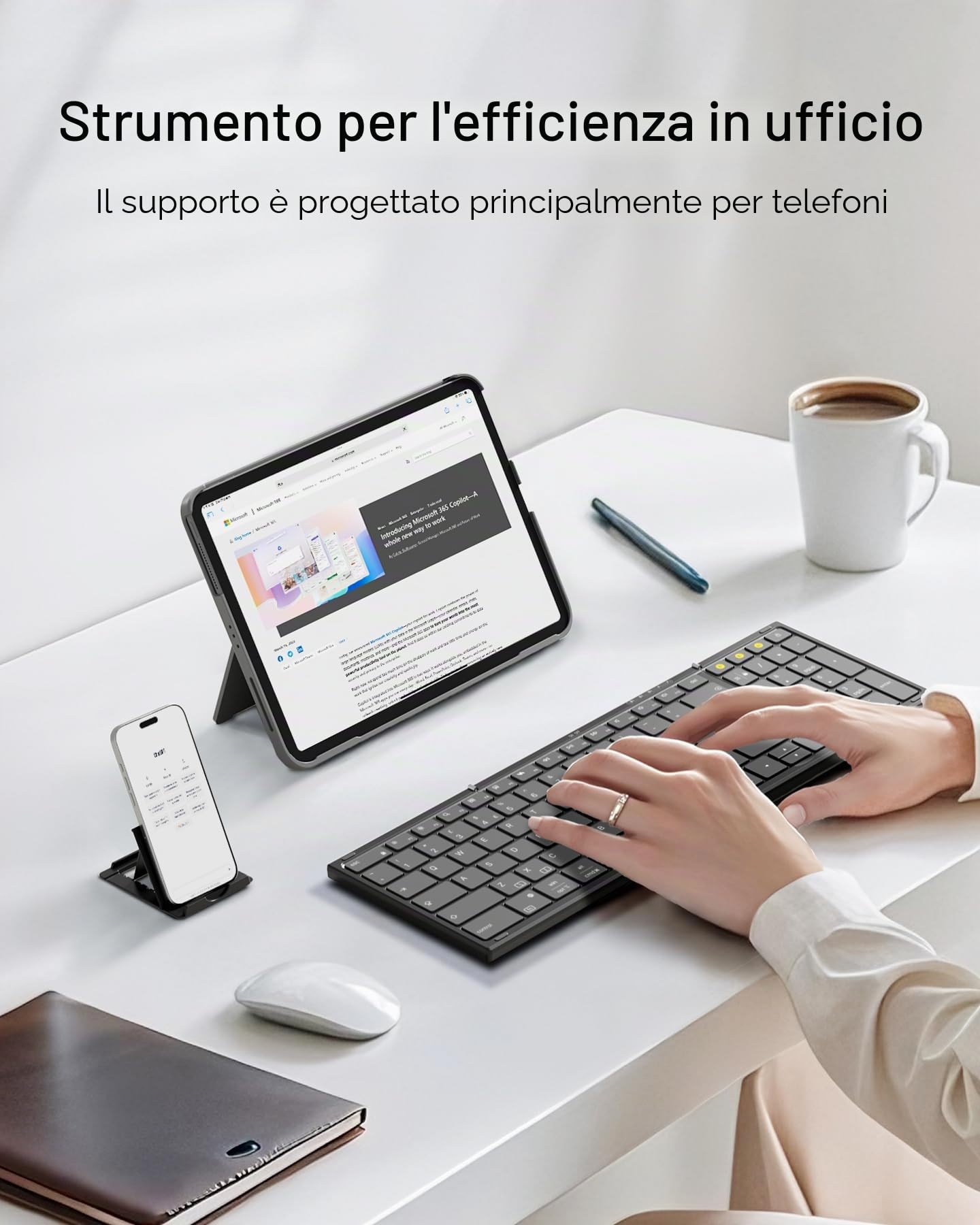 Inateck Tastiera pieghevole wireless con tastierino numerico, tastiera pieghevole Bluetooth multi-dispositivo con funzione intelligente AI, design portatile per iPad/iPhone/Android/Windows/Tablet, con