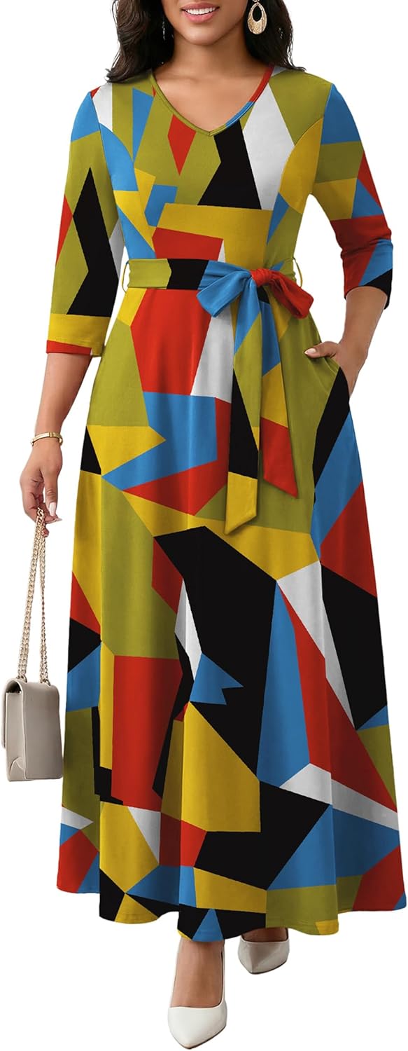 FANDEE Maxi Dress for Women 3/4 Sleeve A line V Neck African Print Church Long Dresses with Pockets