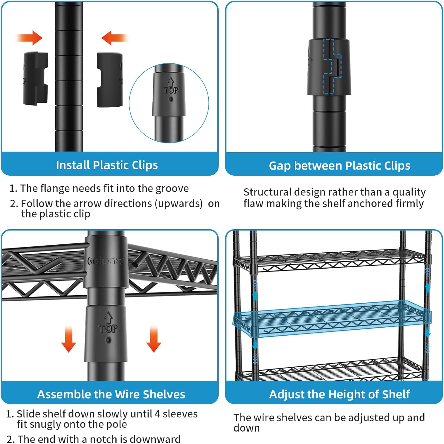 Close-up of the assembly process for the Golpart garment rack, showing how to install plastic clips and wire shelves.