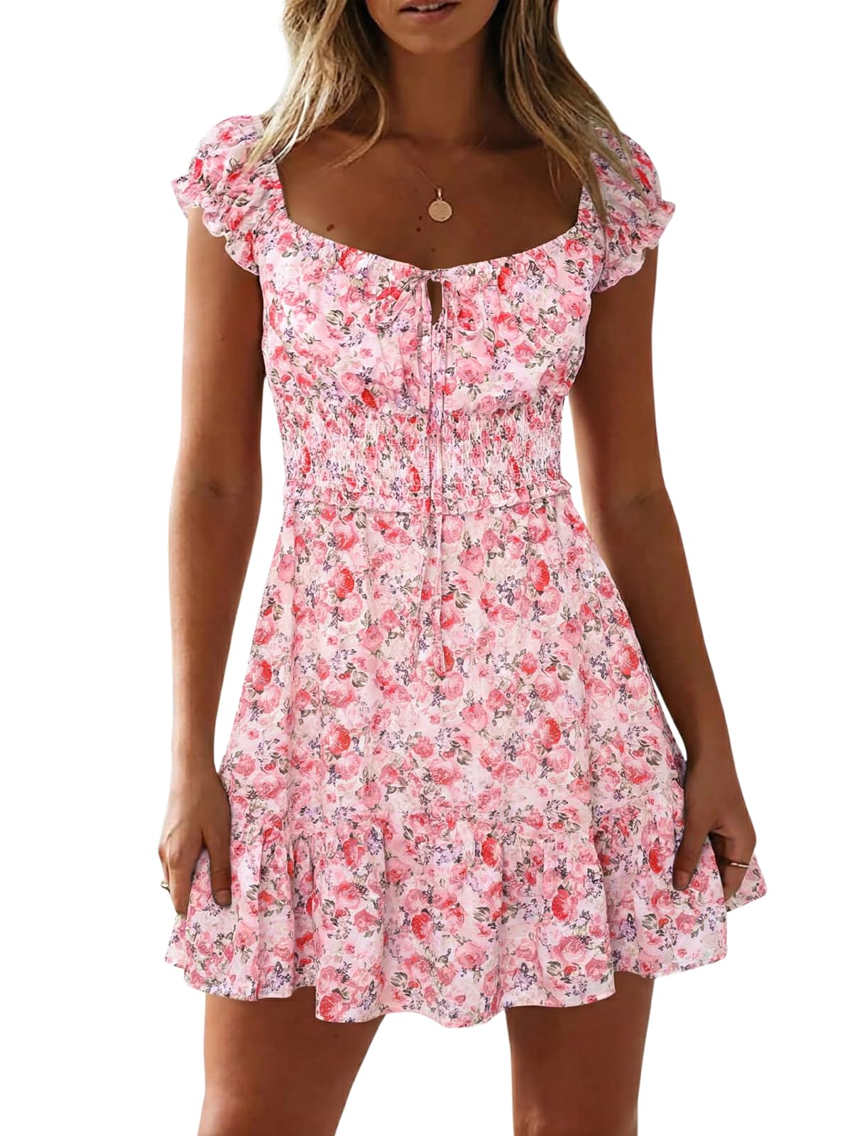 Womens Summer Floral Sundress Ruffle Sleeve Sweetheart Short Mini Dresses | Sun Dress, Sexy, Flowy, Print, Smocked Waist, Western Boho, Beach, Date Night, Country Concert