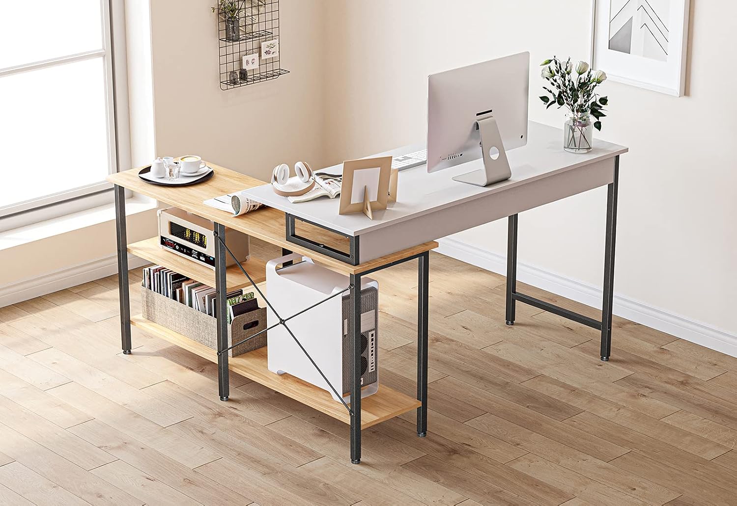 CubiCubi L Shaped Desk, Computer Coner Desk, Home Office Writing Desk, Side Removable with Storage Shelves, White and Natural