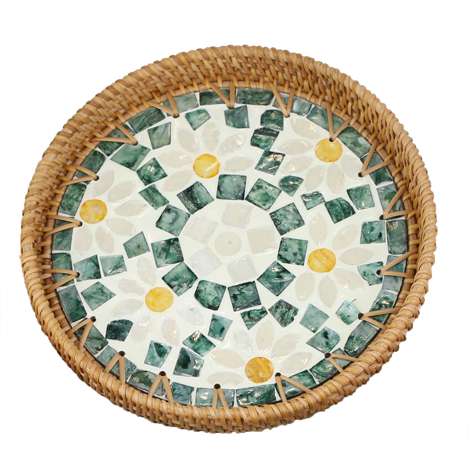 Natural woven rattan round storage tray, inlaid with mother-of-pearl, handcrafted tray suitable for snacks, bread, breakfast, etc., eco-friendly home and tabletop decoration