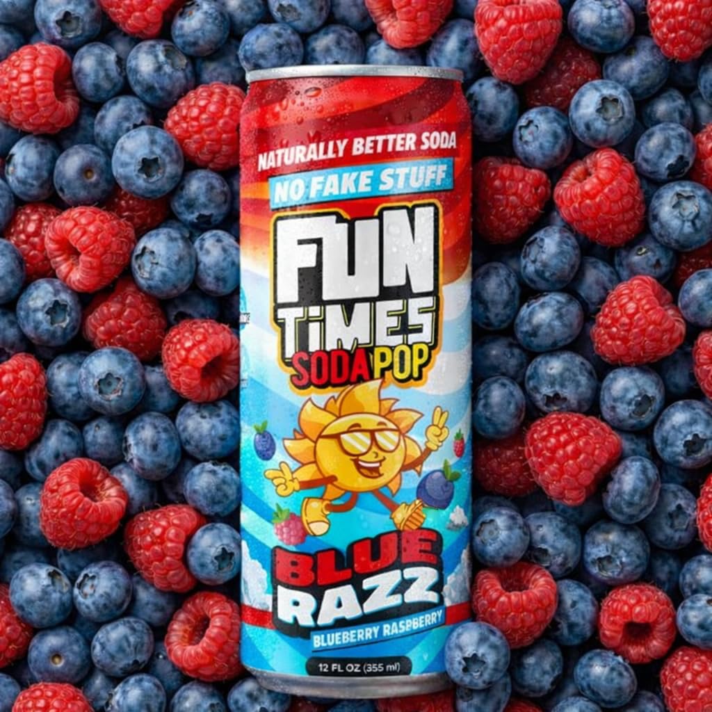 Fun Times Soda Pop Blue Razz, 12 Pack (12 oz Soda Cans), Craft Soda with Real Cane Sugar, Carbonated Beverage with All Natural Flavors, Dye Free Soft Drinks