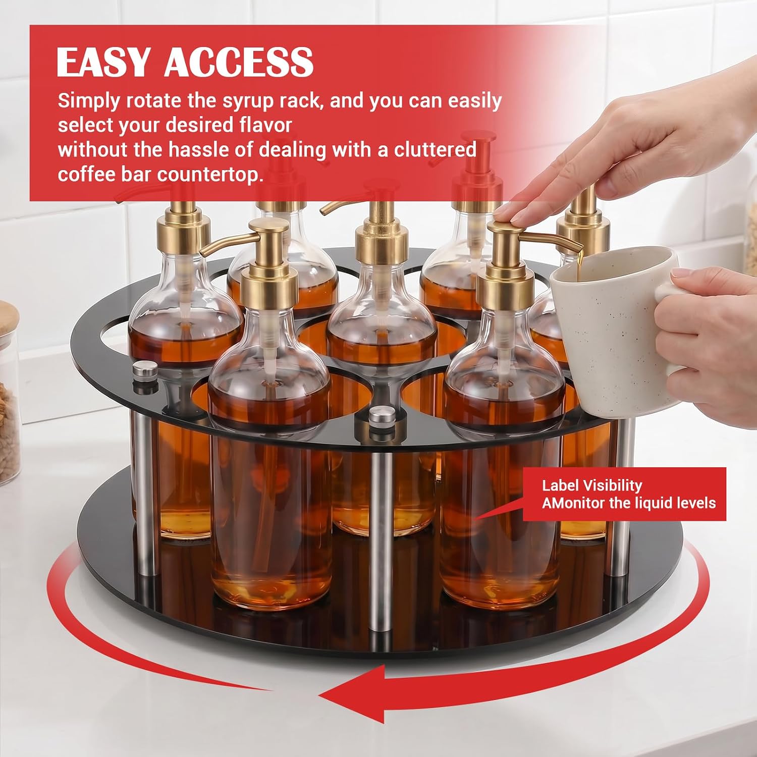 Rotating Coffee Syrup Organizer Hold 7 Bottles, Acrylic Syrups Dispenser Organizer 360°Rotating Storage Rack for Coffees Bar Station Countertop, Coffee Syrup Turntable Tray