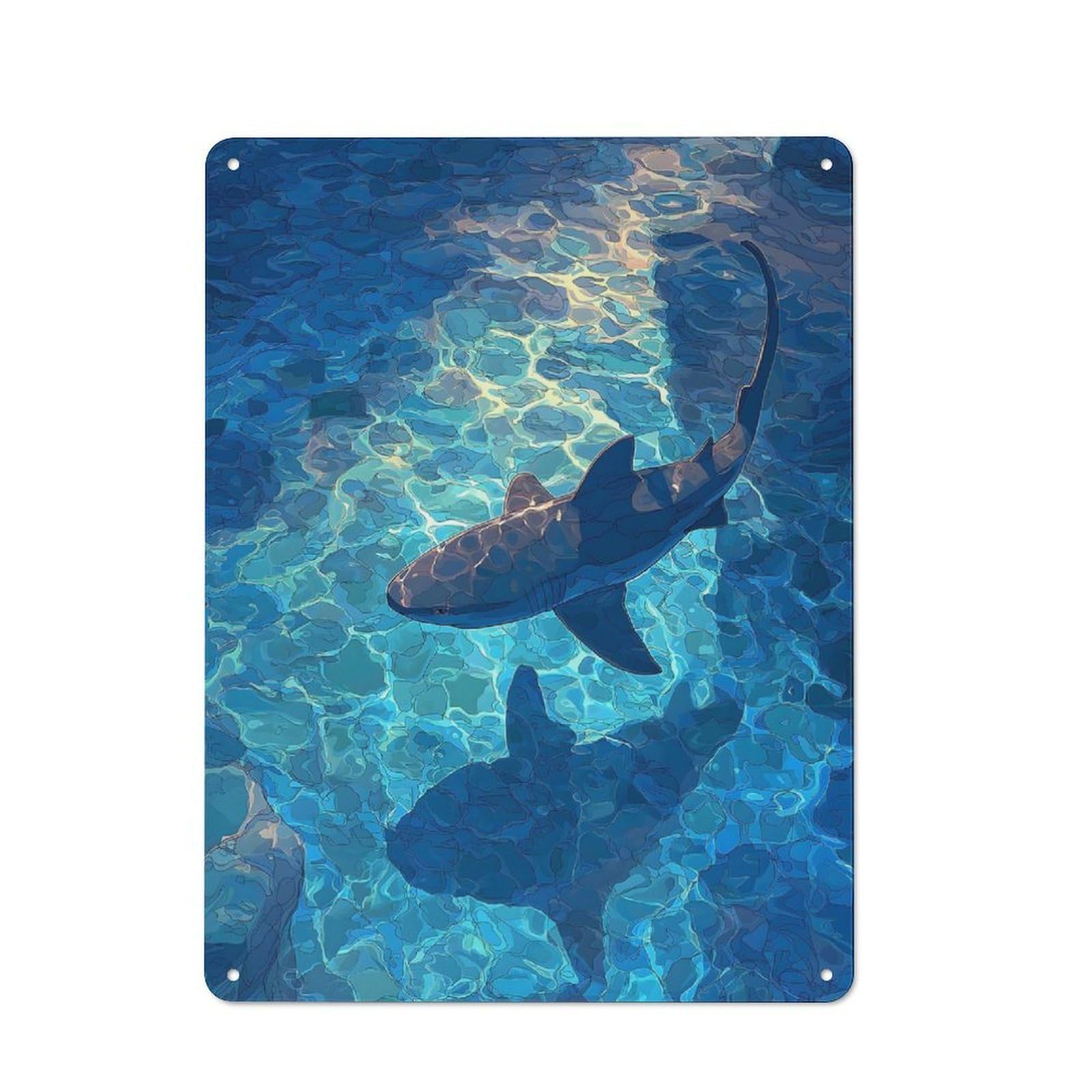 Junmoney Style-14 Shark Swimming In Clear Blue Water Tin Wall Plaque 40X30cm, Rustic Cottage Wall Art For Dining Room, Cafe, Entryway Or Family Room