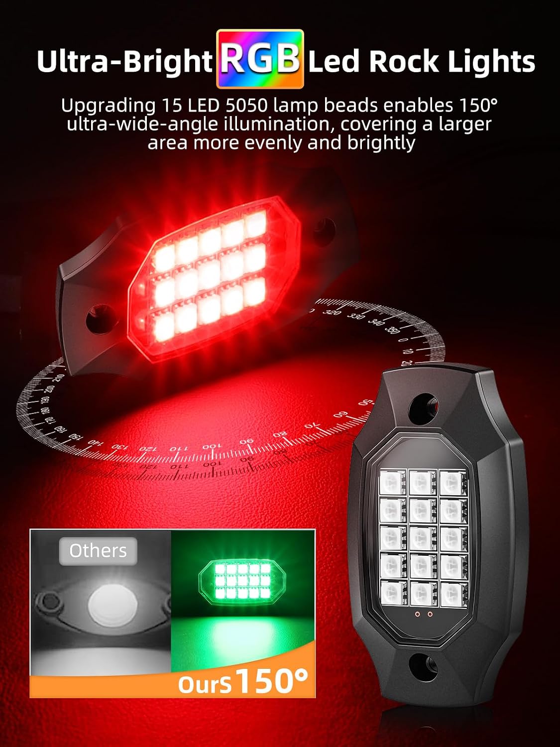8 Pods RGB LED Rock Lights High Brights IP67 Waterproof with APP/RF Remote Control Underglow Multicolor Zone Neon Exterior Rock Lights for 12V Trucks Jeep Offroad Pickup SUV UTV ATV RZR