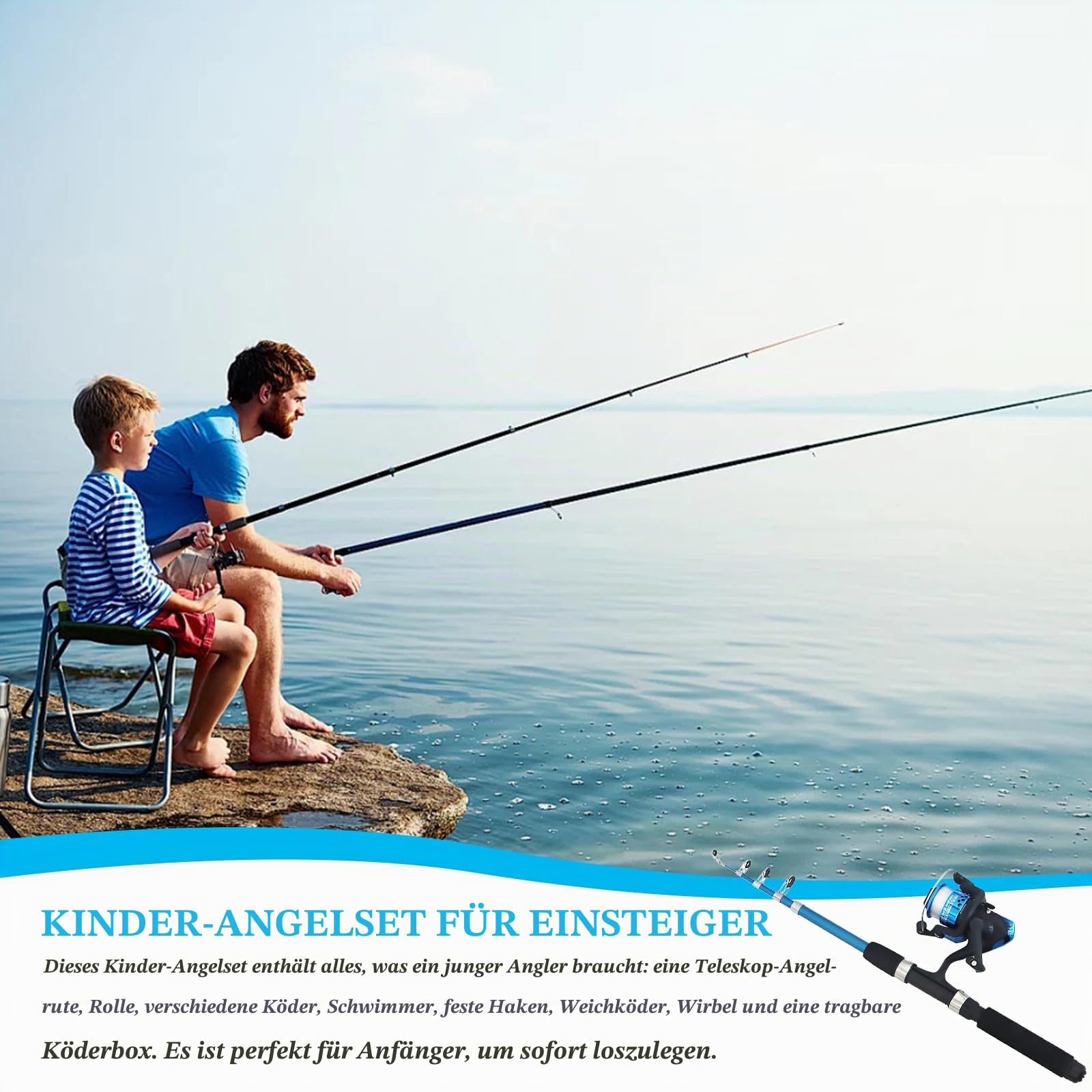 Angelset Komplett Anfänger für Kinder, 1.5m Kinder Angelset mit Angelrolle, Köderbox B-Blau,Teleskop Angelrute und Tragetasche, Angelzubehör Set für Einsteiger