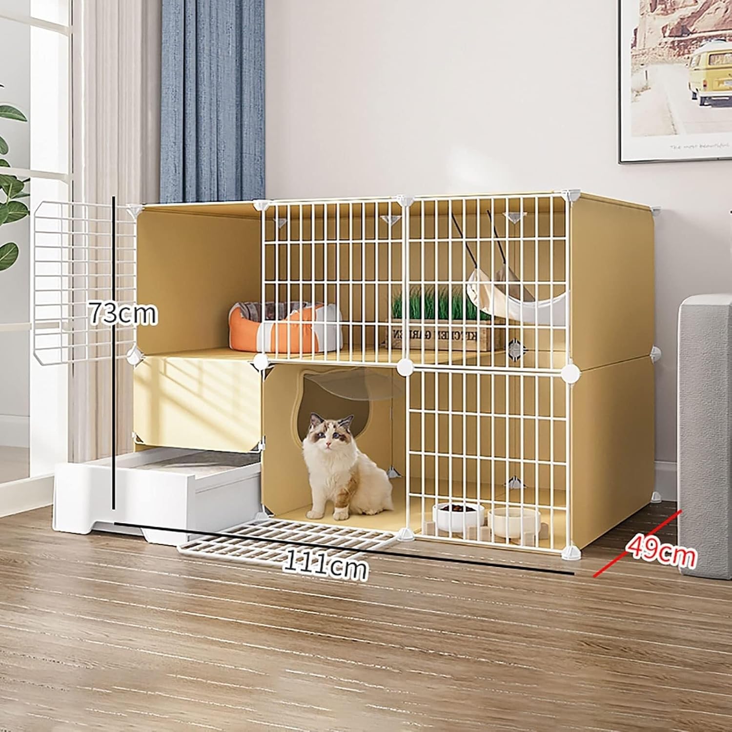 Indoor Cat Cage with Litter Box, Gray DIY Metal Cat Enclosure for 1–3 Cats, Small Pet Crate with Hammock & Nest(Color : Gray, Size : 75x49x73cm)(Khaki,111x49x73cm)