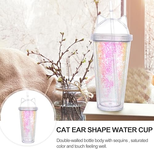 Miniatura 7 de UPKOCH Vaso de plástico de doble capa con lentejuelas y orejas de gato, vaso de doble pared con purpurina de 14 onzas para el hogar, oficina,
