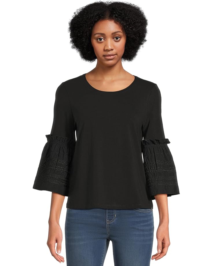 Liverpool Los Angeles 3/4 Sleeve Embroidered Knit to Woven Top - Main View