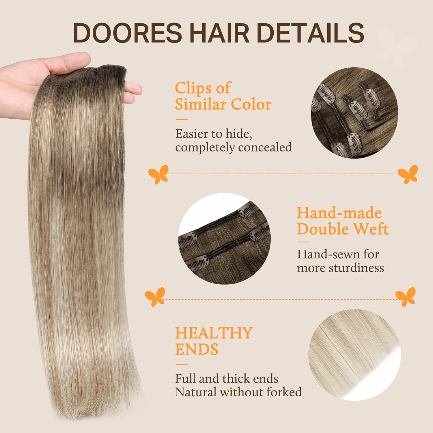 DOORES Clip in Hair Extensions Human Hair, Ash Brown to Dirty Blonde Balayage Platinum Blonde 120g 7pcs 20 Inch, Remy Human Hair Extensions Clip in Straight Natural Weft