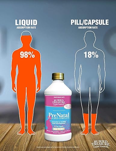 Miniatura 7 de Buried Treasure Prenatal Plus DHA Complete, 16 oz sabor a plátano naranja, suplemento de fórmula líquida de alta potencia para antes, durante el