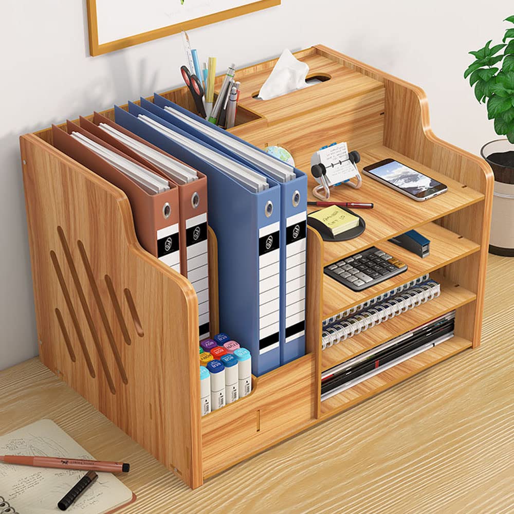 Hggzeg Organiseur de bureau en bois de grande capacité - Boîte de rangement pour fournitures de bureau - Boîte de rangement pour papiers A4, livres, documents et cahiers (JB07 - Bois de cerisier)