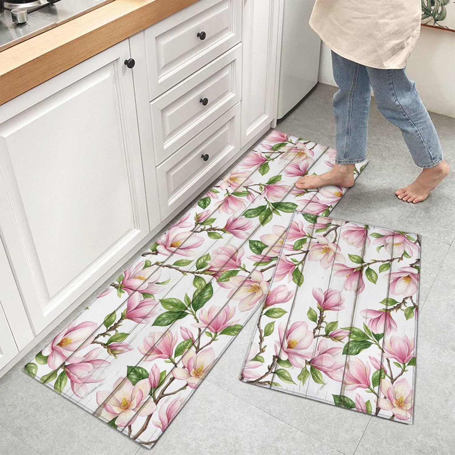 Kitchen Mats for Floor Watercolor Pink Magnolia Green Leaves Washable Non Slip Kitchen Rugs 2PCS, Vintage Wood Board Absorbent Standing Mats for Sink Office Living Room 15.7x23.6in+15.7x47.2in