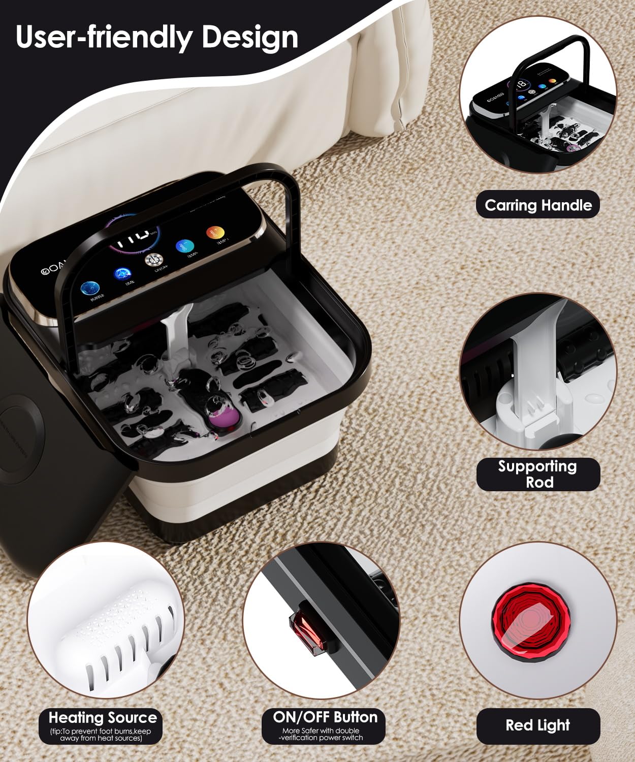 OOAMBB Zusammenklappbare Fuß-Spa-Badewanne mit Fernbedienung, Wärme- und Blasen- und Timer, Schwarz | XL Farb-Touchscreen, 6 nicht motorisierte Rollen, 4 Shiatsu-Massagen, Fuß-Einweichwanne, Pediküre-Fuß-Spa für Stressabbau