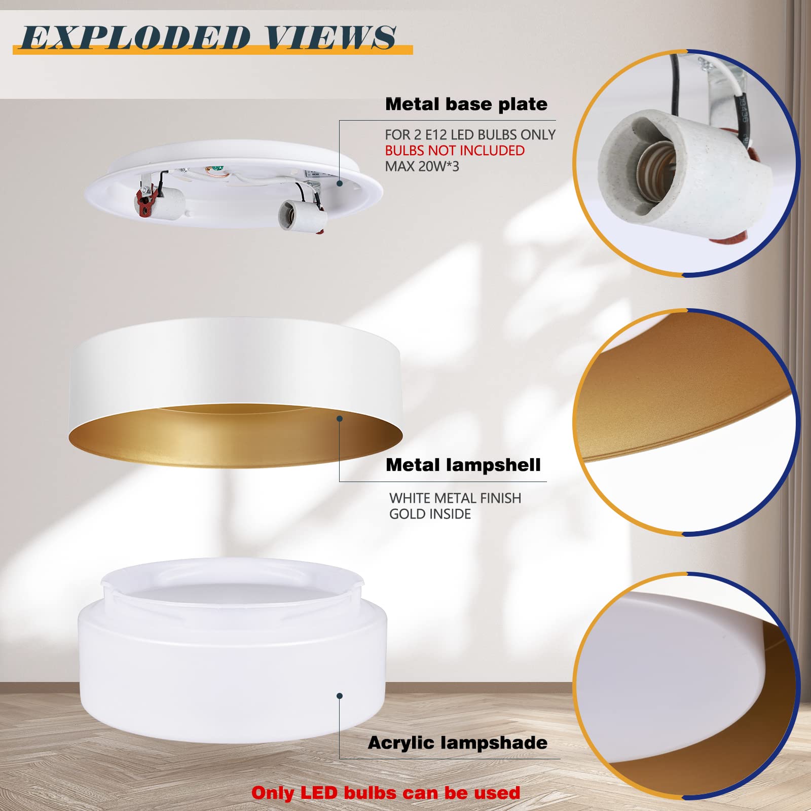 Goomavi Modern Flush Mount Ceiling Lights,Minimalist 16.5'' Round Close to Ceiling Light Fixtures,White and Gold Metal Ceiling Lighting Lamp for Living Room,Dining Room,Kitchen,Bedroom