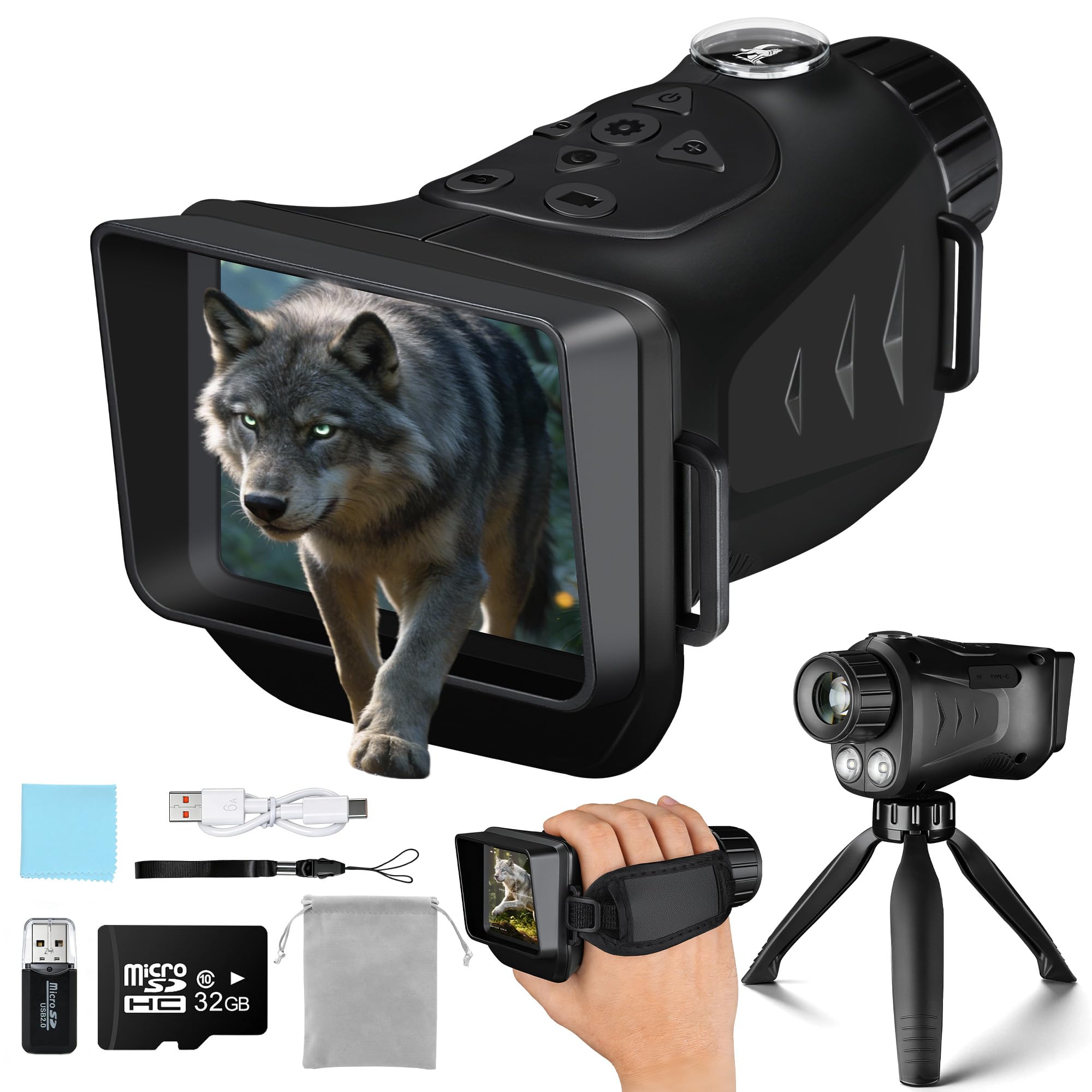 VXF Night Vision Monocular, 4K Night Vision Scope for 100% Darkness with 3000mAh Rechargeable Battery, 3+32GB SD Card & Card Reader, Dual Infrared Monocular Telescope for Camping, Wildlife Observation