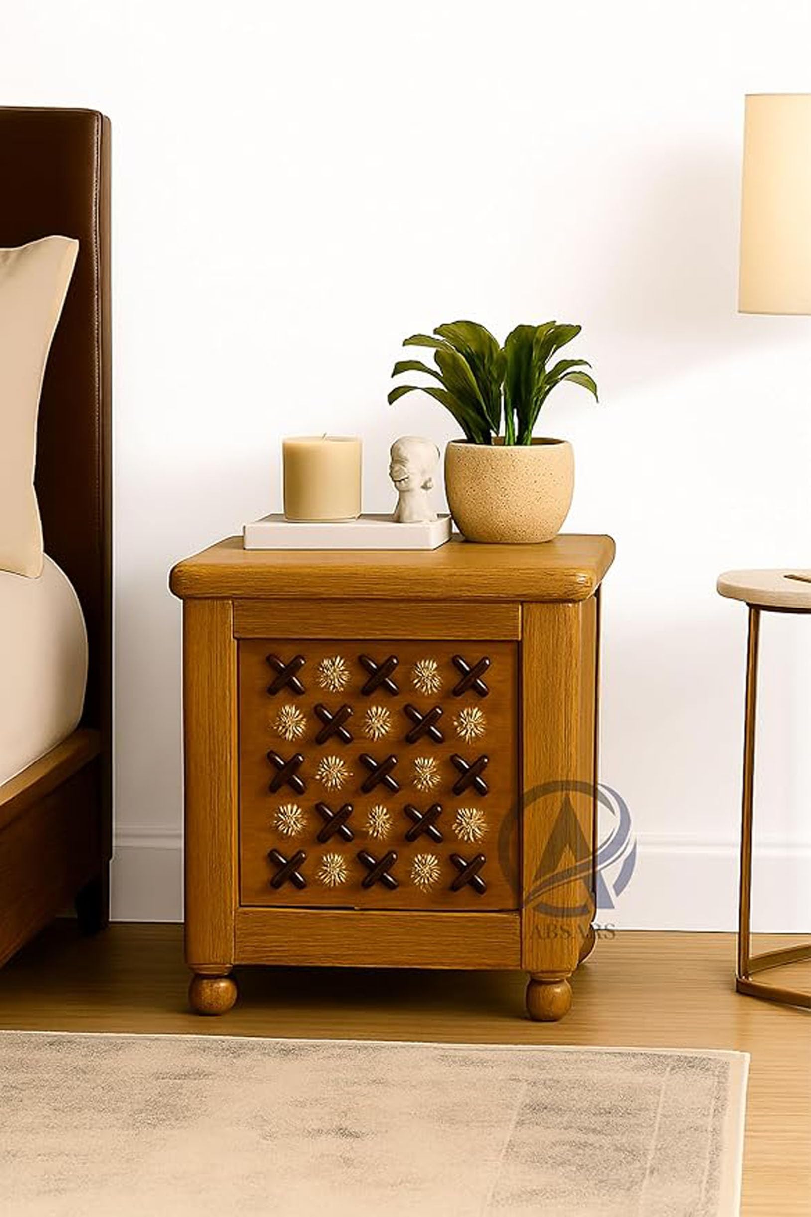 Handcrafted Wooden Bedside Stool with Vintage Floral & Geometric Inlay – Glossy Finish, Multi-Utility Accent Table for Bedroom Décor & Storage.-image-23