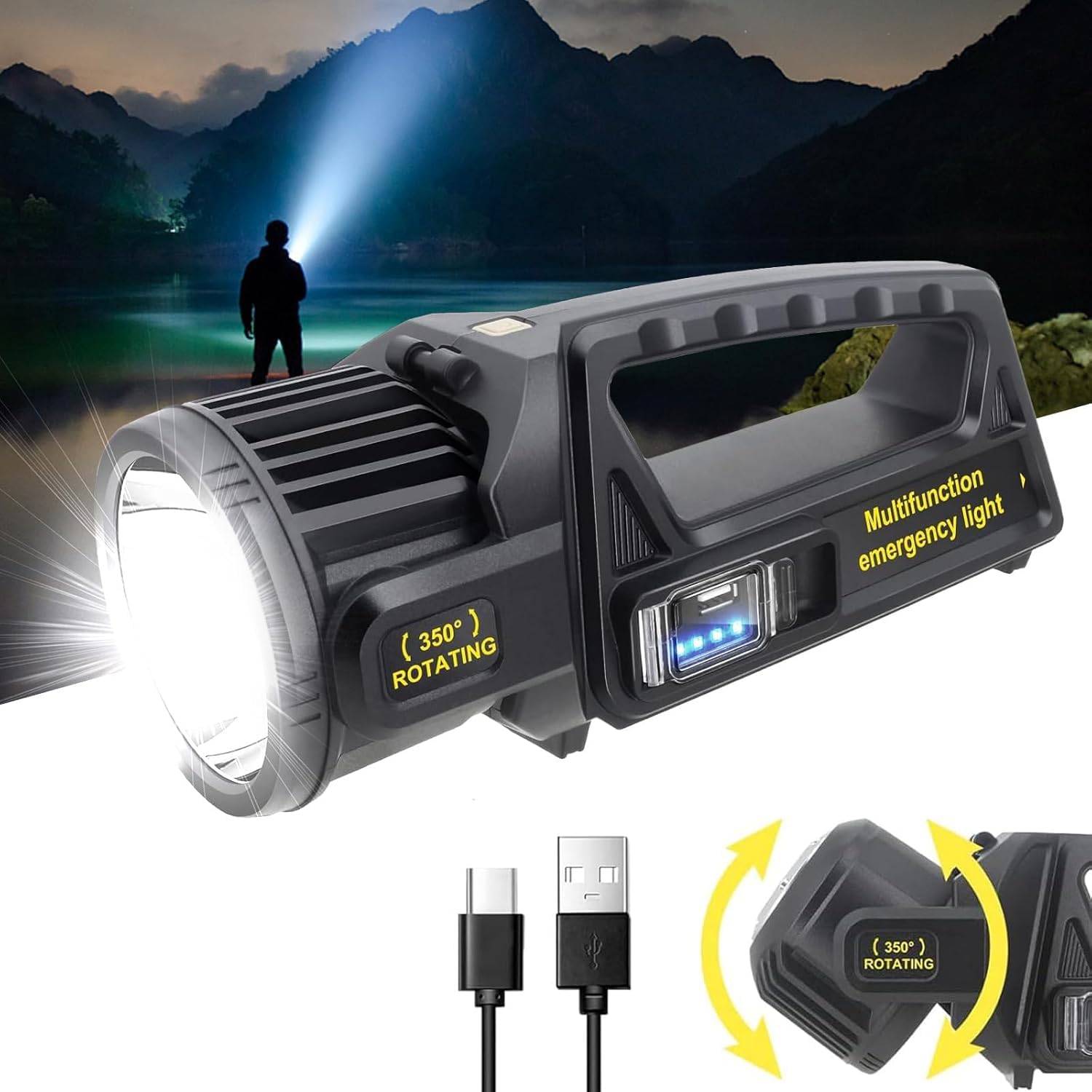 sisliya 1000000 lumens spotlight, rechargeable led spotlight with 350° rotate head9 modes spot lights outdoor handheld, ipx6 waterproof solar flashlight for emergencies (sl-01)