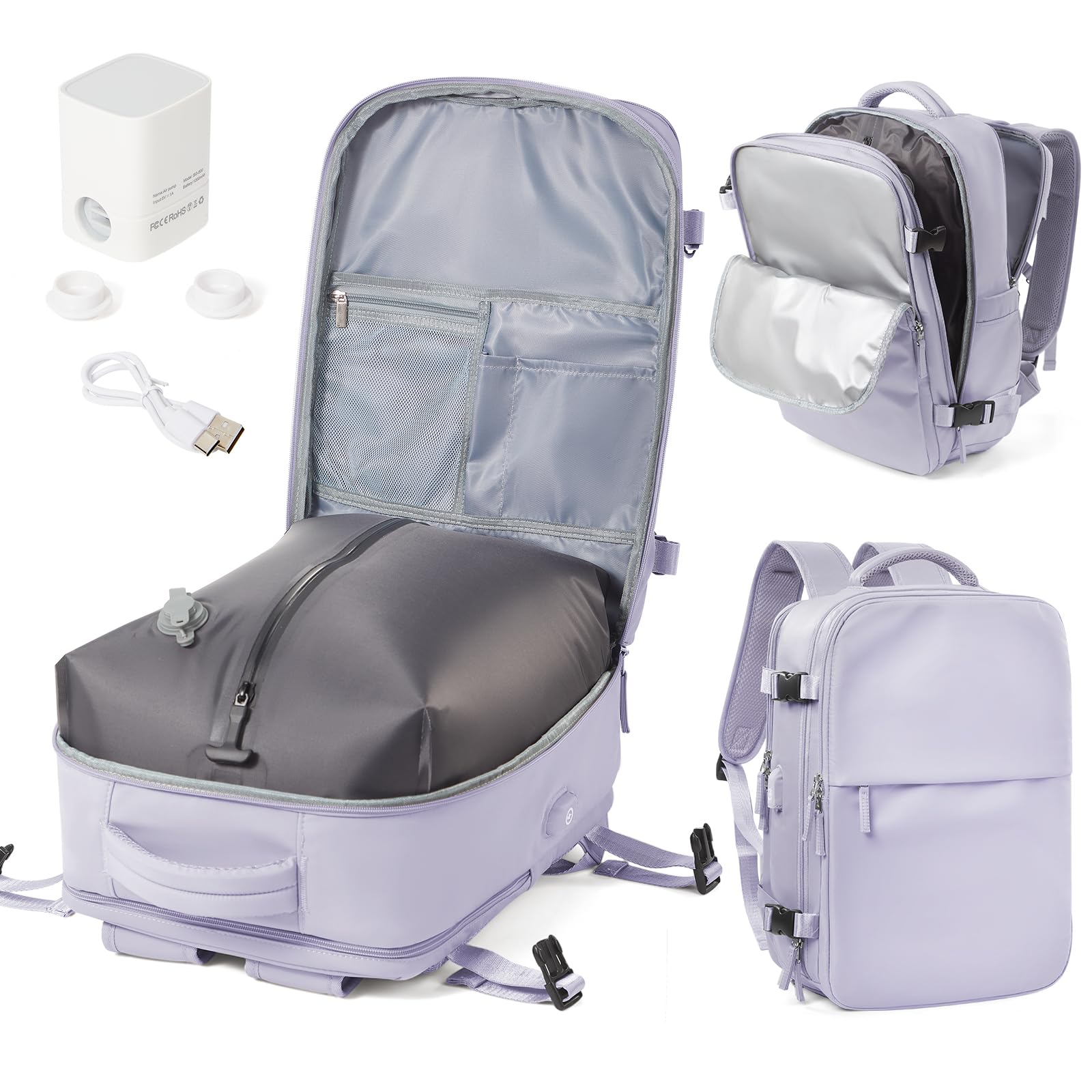 Vacuum Backpack with Pump for Women Men, Compression Backpack for Travel, Vacpack for School Business Trip, Lightweight Airback Backpacks with Vacuum Seal, Carry On Bag for Airport( Purple Large)