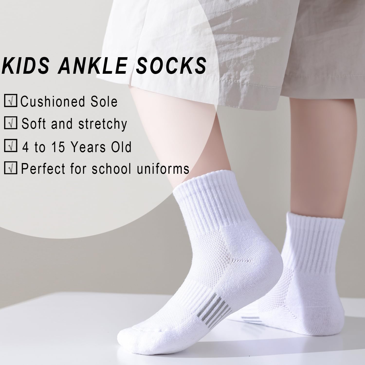 EPEIUS Kids Girls' Cushioned Socks Thick Cotton Running Socks Ankle Athletic Socks Short Sports Quarter Socks 5-15 Years - Image 3
