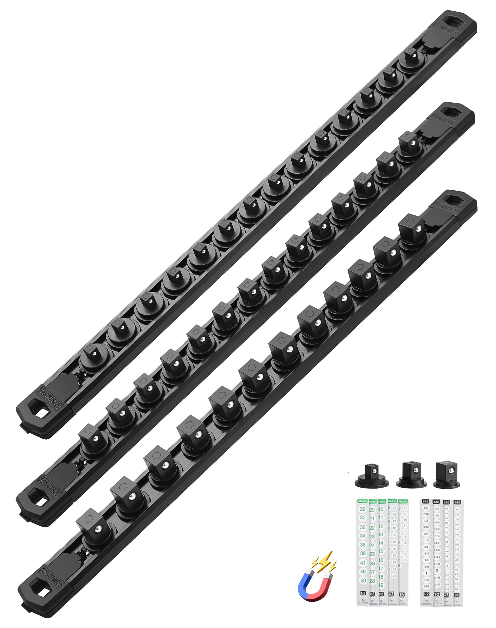 ALOANES Magnetic Socket Organizer, 1/2,3/8,1/4" Rails 40 Clips (Black, 3PC)