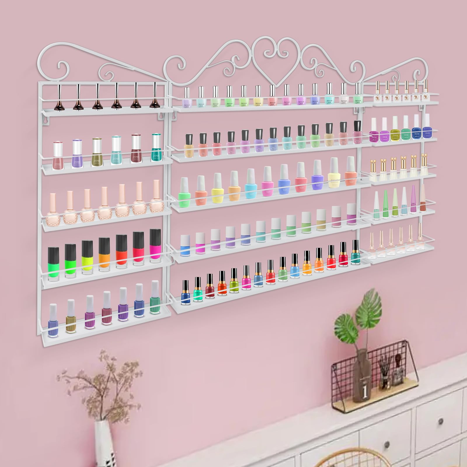 Étagère murale à 5 niveaux en métal à 3 niveaux pour vernis à ongles, avec bandes de protection, organiseur de coiffeuse pour rouges à lèvres, parfums, pour salon de manucure, chambre à coucher