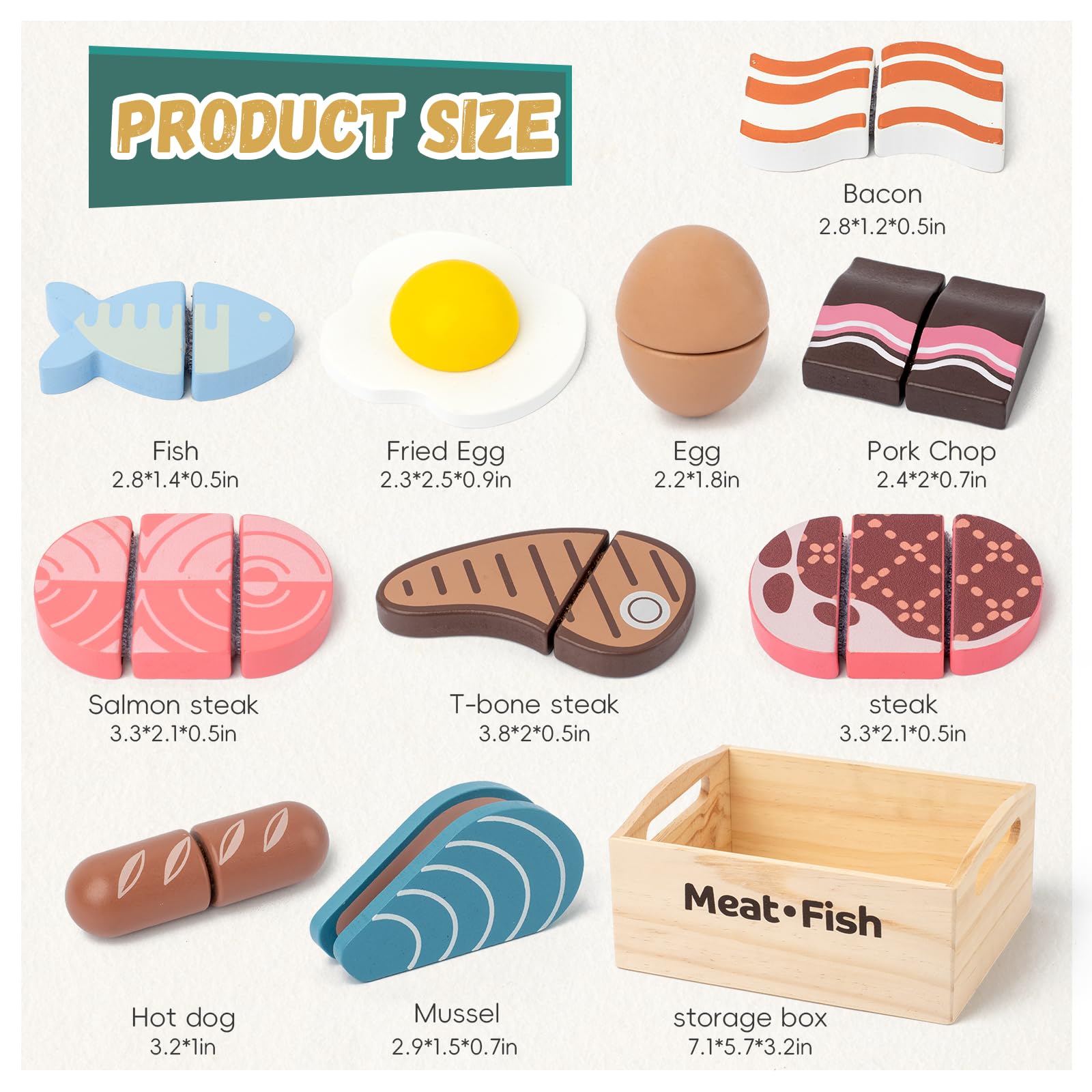 Kienvy 10 PCS Wooden Food Play Set, Wooden Pretend Play Food, Cutable Play Food, Realistic Protein Meat Play Food Play Set Kitchen Accessories for Age 3-6 Boys & Girls