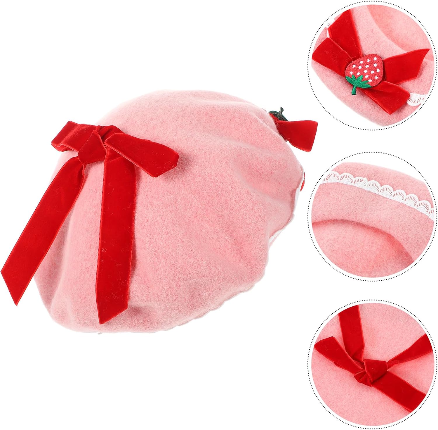 Amosfun Wool Beret Hat Strawberry Bowknot Beret French Style Beret Artist Hat Beanie Caps for Halloween Christmas Holiday Women Girls Lady - Image 3