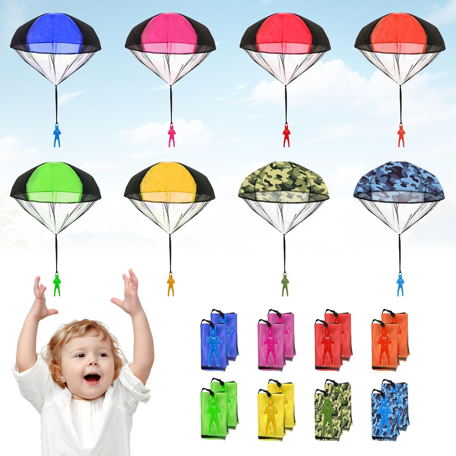 16 Pezzi Paracadute Giocattolo Lancio a Mano per Bambini Soldati Esercito Uomini Gioco Paracadute Giocattoli All'aperto Paracadute Gioco per Bambini e Adulti 8 Colori