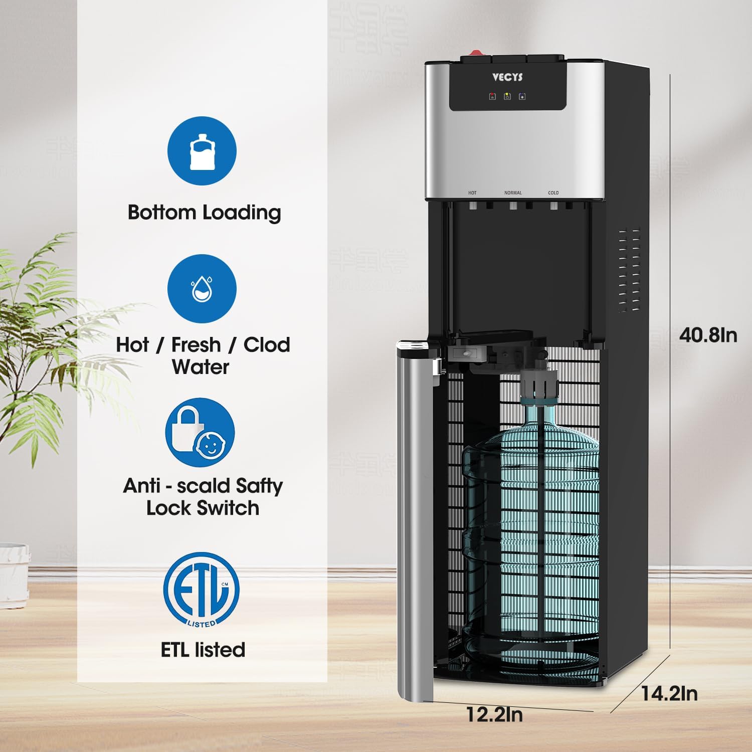 VECYS Water Dispenser with dimensions and features