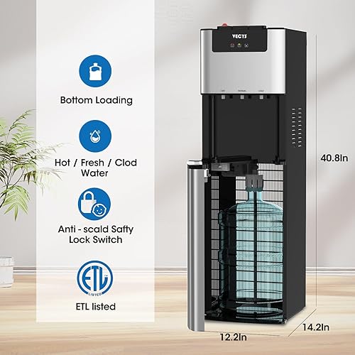 Miniatura 7 de VECYS Dispensador de agua autolimpiable de 3 galones de carga inferior, enfriador de agua caliente para cámara fría con bloqueo de seguridad para
