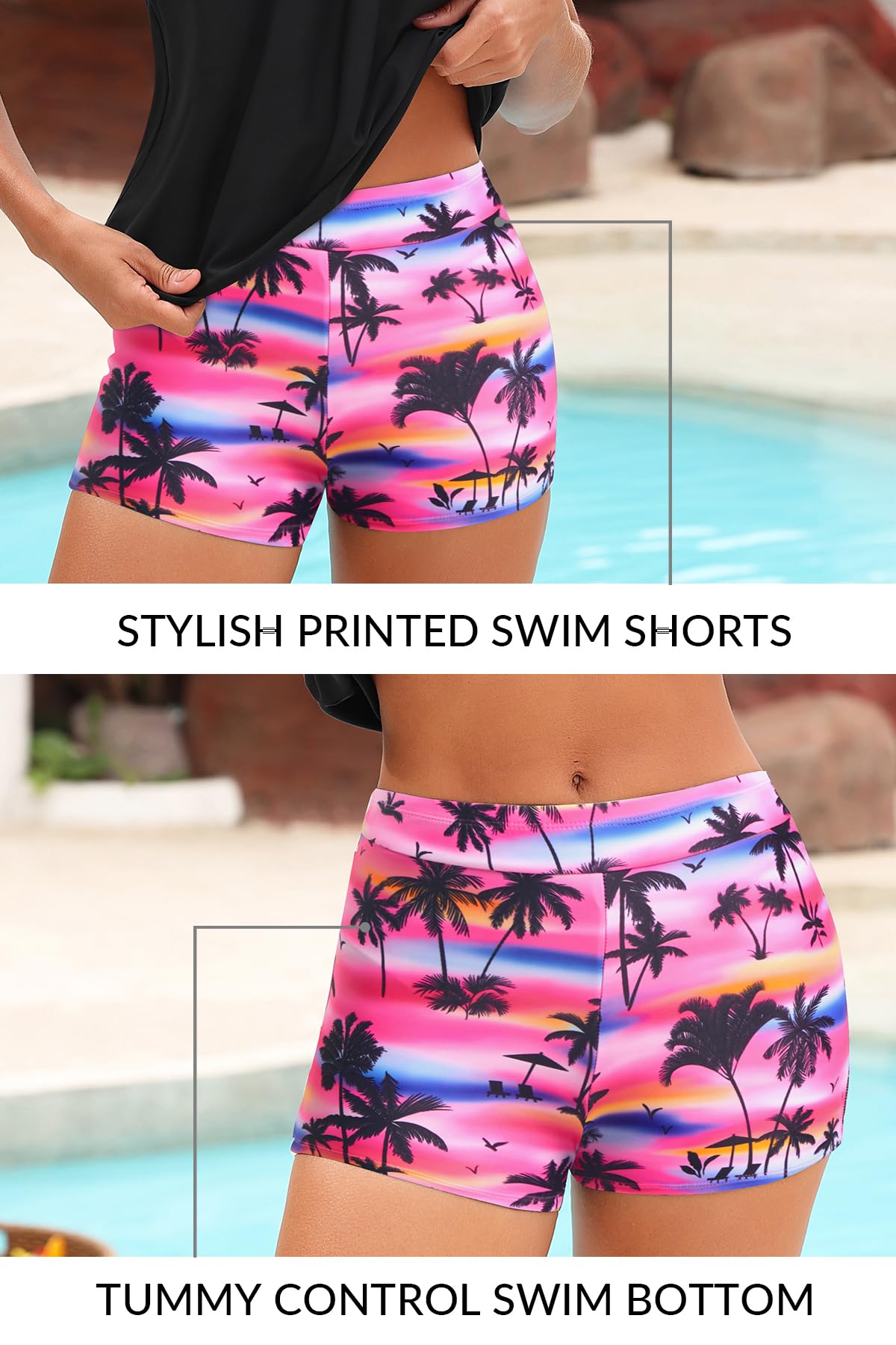 Yonique Zweiteiliger Tankini-Badeanzug, T-Rücken, Blouson, Badeoberteil mit Jungen-Shorts, Damen-Badeanzüge, sportliche Bademode
