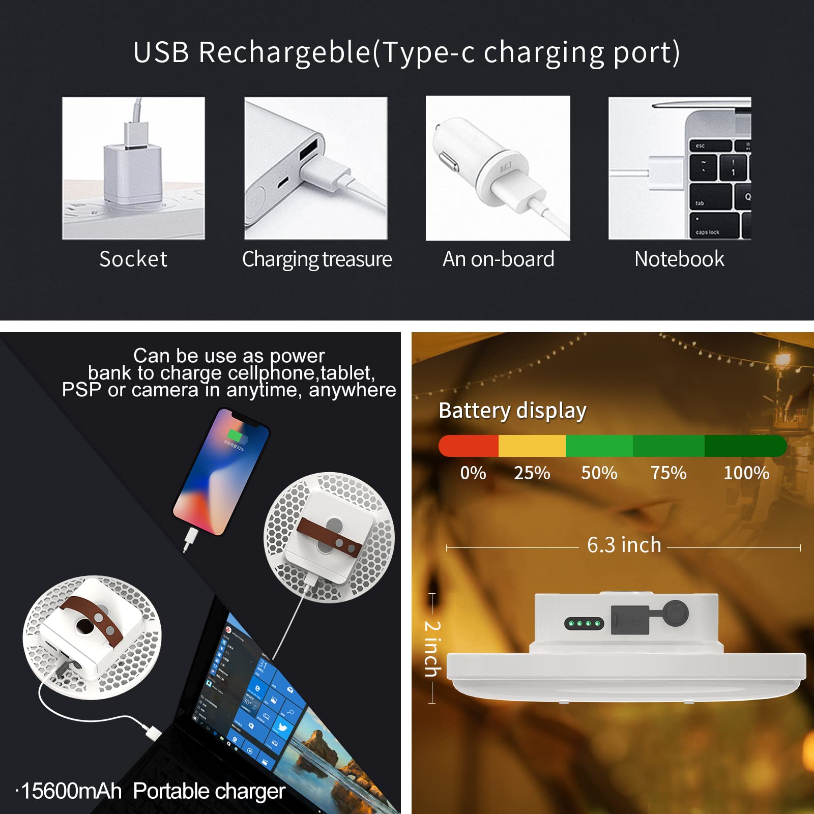 Linterna recargable ultra brillante LED linterna de camping con imán, impermeable ligera luz portátil de tienda para acampar uso de emergencia
