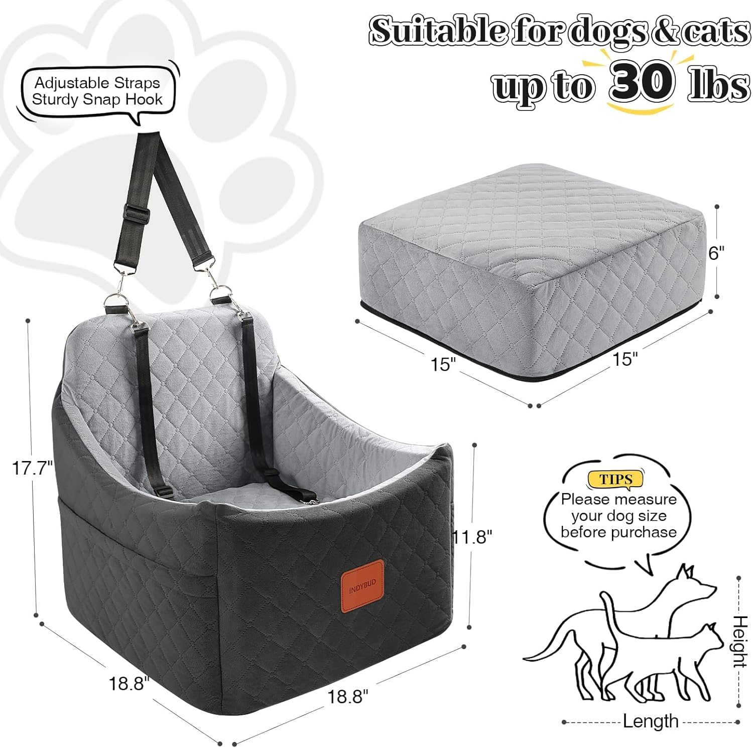 Dog Car Seat for Small Medium Dogs,Detachable Washable Dog Booster Seat Under 35lbs, Pet Car Seat Travel Bed with Storage Pockets and Safety Belt (Black/Grey, Medium) - image 3