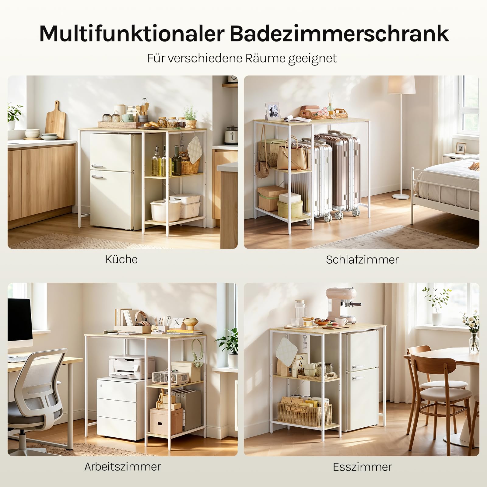 EUGAD Waschmaschinenregal, Badregal über Waschmaschine Trockner, mit Seitenregal und 2 Haken, für Waschküche Badezimmer, 90 x 60 x 91 cm, Helle Eiche + Weiß