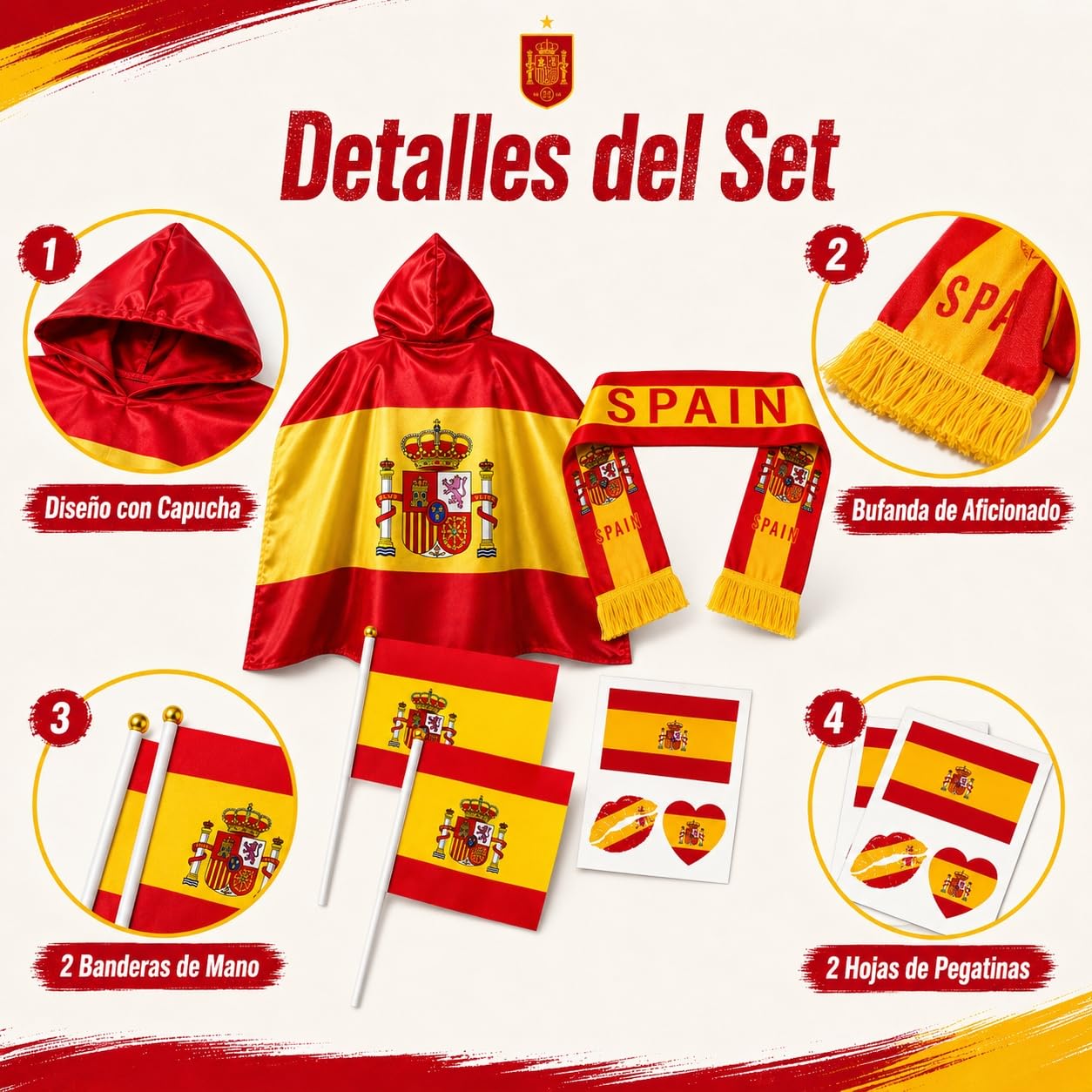 Kit de Animación Mundial 2026 con Capa Bandera de España y Bufanda España Mundial 2026, Pegatinas Faciales y Banderines de Mano para Celebración de Partidos y Estadios por Aficionados