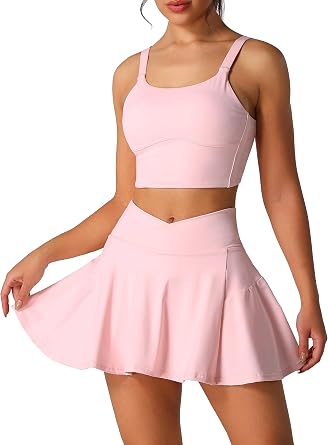 2 Piece Tennis Dress for Women High Waisted Pleated Skirt Sets Compression Sports Bra Golf Athletic Outfits
