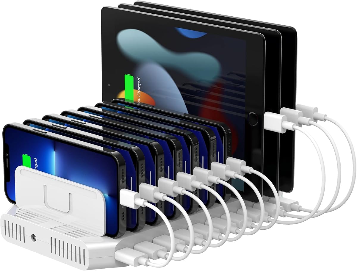 10-Port Charging Station, USB Charger Organizer for Multiple Device | Multi Charging Dock Smart IC Tech Adjustable Dividers USB Type A Fast Charging Stand for iPad, Tablet, Kindle, iPhone, Family