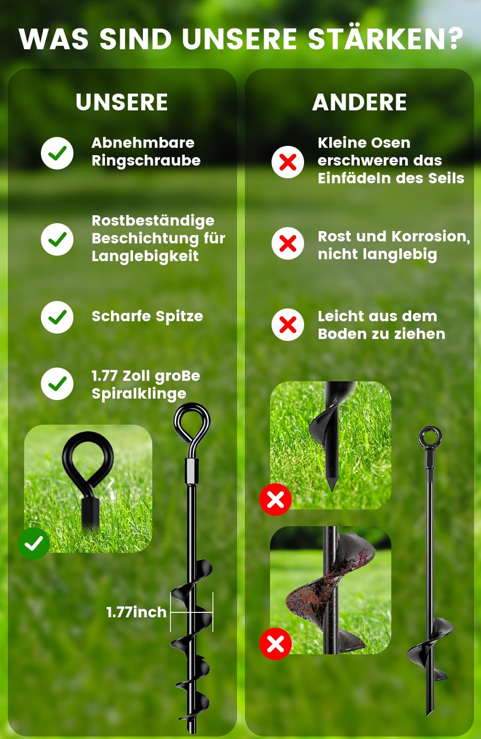 Bodenanker 48 cm, 4er-Pack mit strapazierfähigen Gurten, Bodenanker zum Einschrauben in den Boden für Zelte, Schaukeln, Überdachungen, besonders stabil und einfache Installation