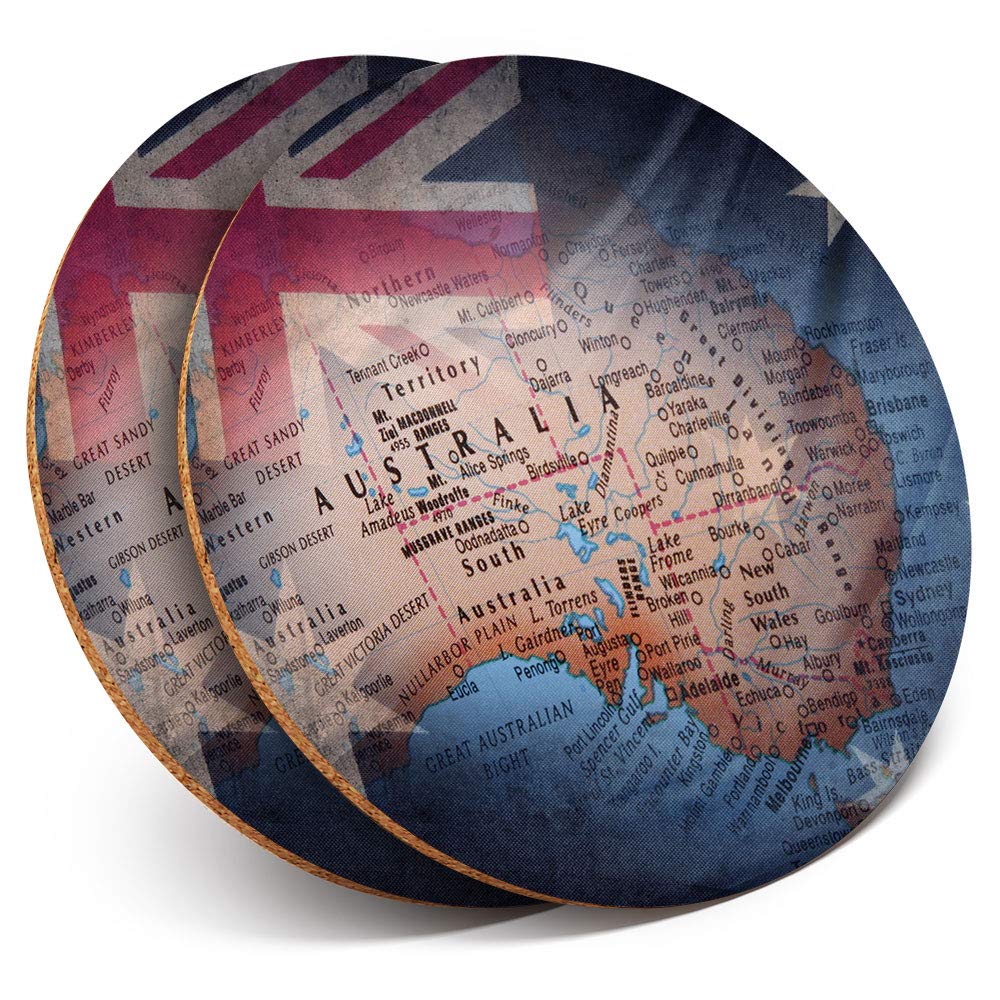 Destination Vinyl Ltd Multicolor 2 X Round Coasters - Australian Flag Map Australia - Cork Backed Home Kitchen Accessory Tea Coffee Mug Mat #21170