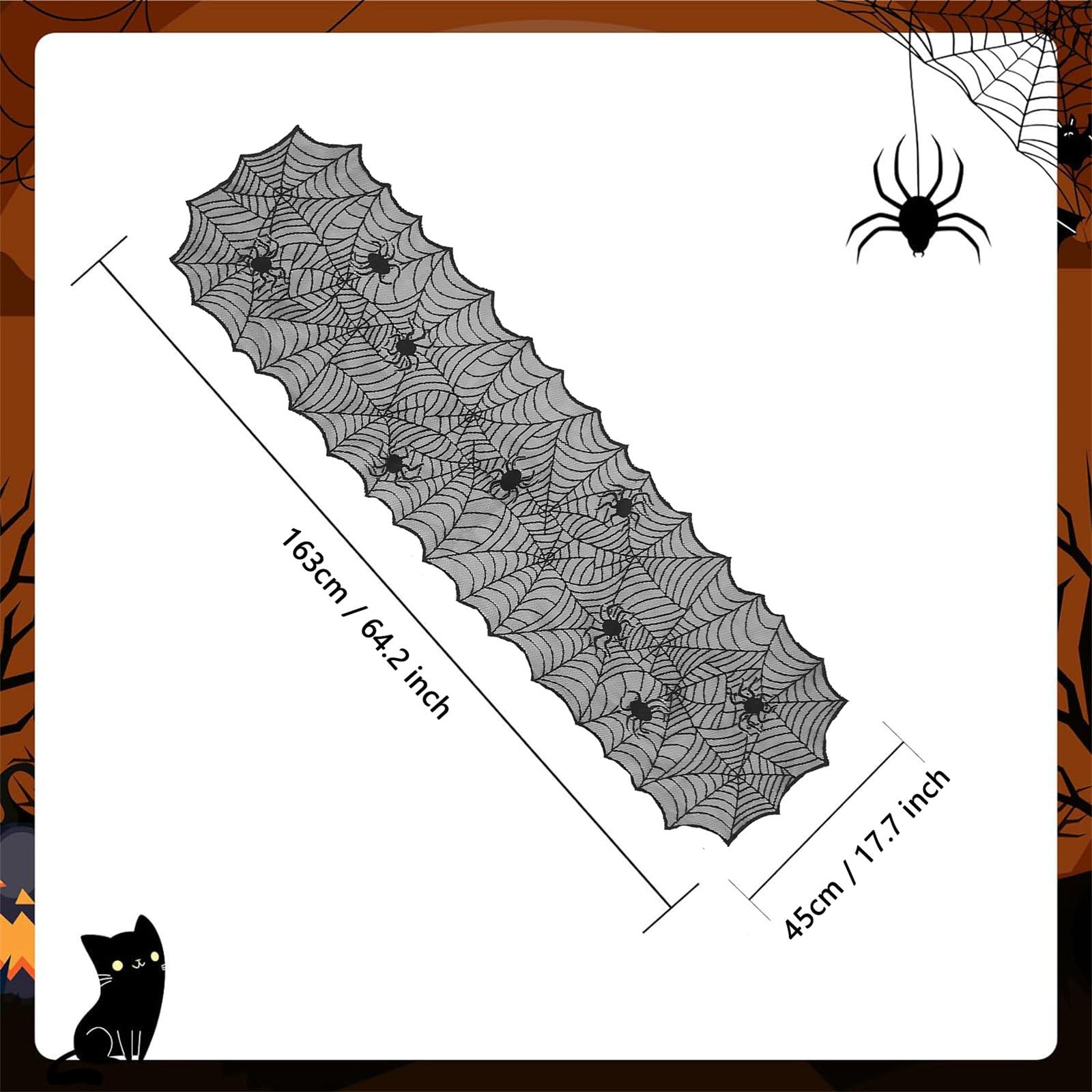 Wmool Tovaglia in pizzo con ragnatela nera per Halloween, runner da tavolo con pipistrello, tenda per camino, decorazione in pizzo, F6M8 Horror P copertura per feste di Halloween