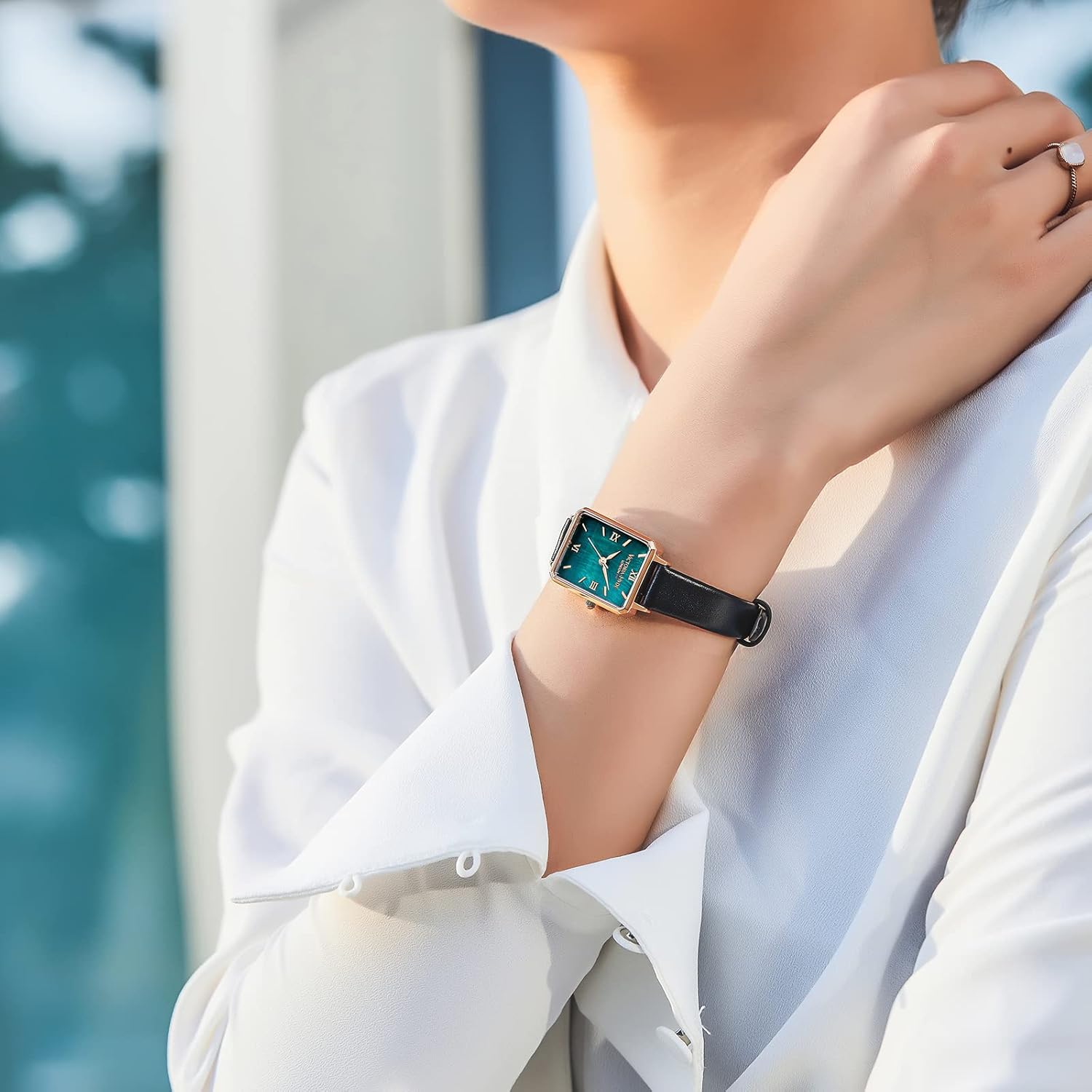 VICTORIA HYDE Gorgeous Women's Watch Green Mother of Pearl Dial Elegant Timepiece Rectangular Face Watches with Black Leather Band (Black) - Image 3