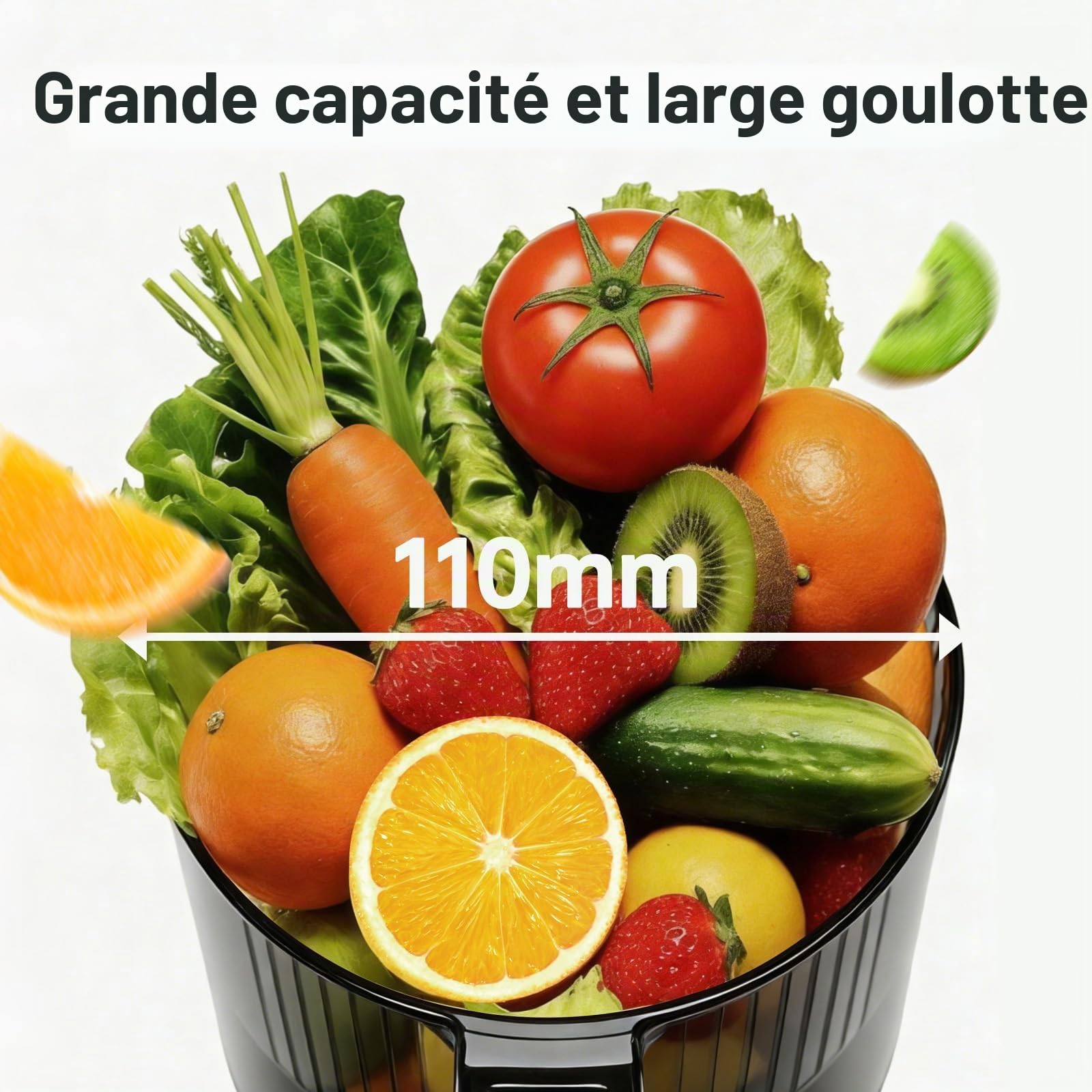 Extracteur de jus à froid lent TJean 110 mm pour fruits et légumes entiers, haut rendement, faible consommation d'énergie