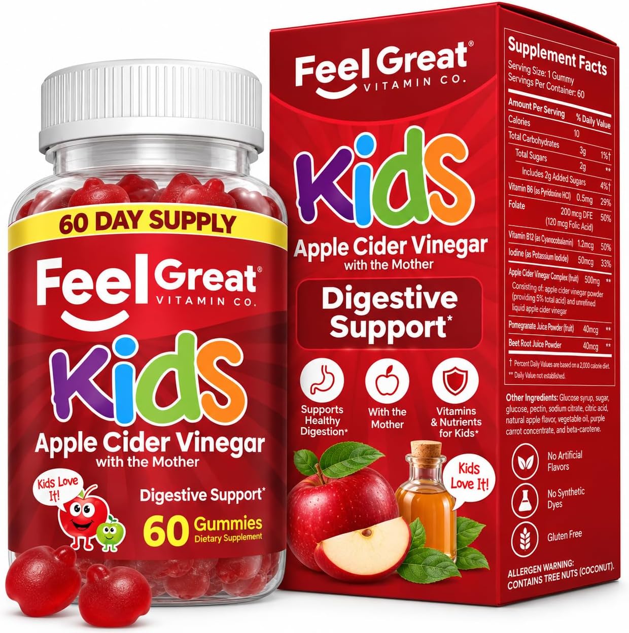 Apple Cider Vinegar Gummies for Kids | Rich in Digestive Enzymes & Natural Antioxidants for Gut Health | Vegan Gummy Supports Healthy Nutrient Absorption | 60 Day Supply