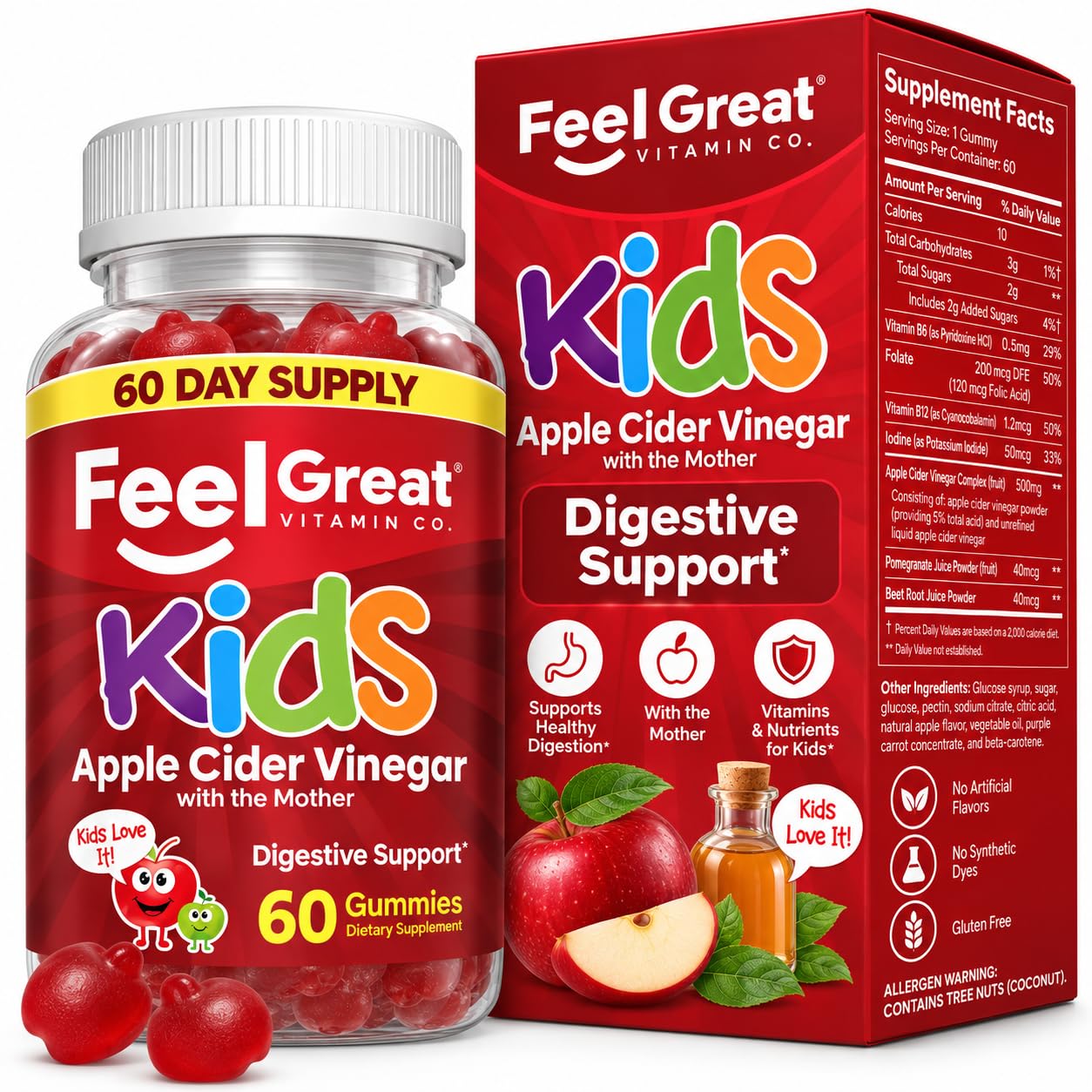 Feel Great Apple Cider Vinegar Gummies for Kids | Rich in Digestive Enzymes &amp; Natural Antioxidants for Gut Health | Vegan Gummy Supports Healthy Nutrient Absorption | 60 Day Supply