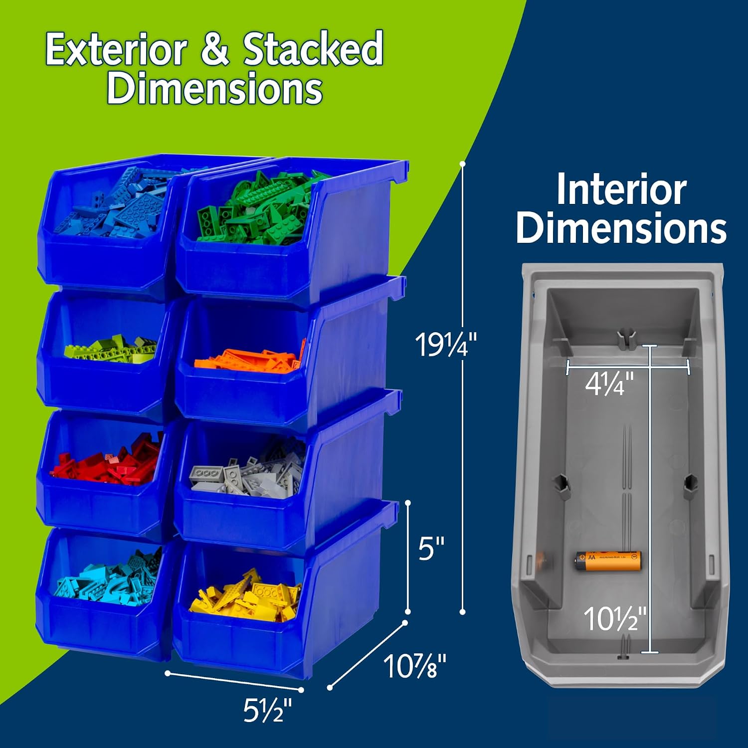 ReadySpace Plastic Containers for Organizing and Storage Bins for Closet, Kitchen, Office, Garage or Pantry Organization, Stackable Bins, Medium (11" x 5" x 5.5"), 8-Pack, Blue