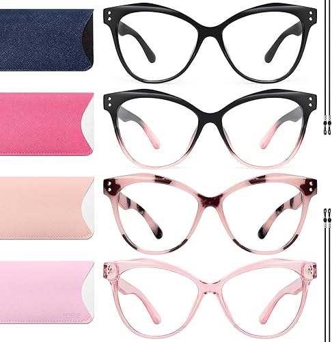 Gaoye Paquete de 4 lentes de lectura de ojo de gato para mujeres y hombres, elegantes lectores de luz azul, antirreflejos, rayos UV (B-4 colores