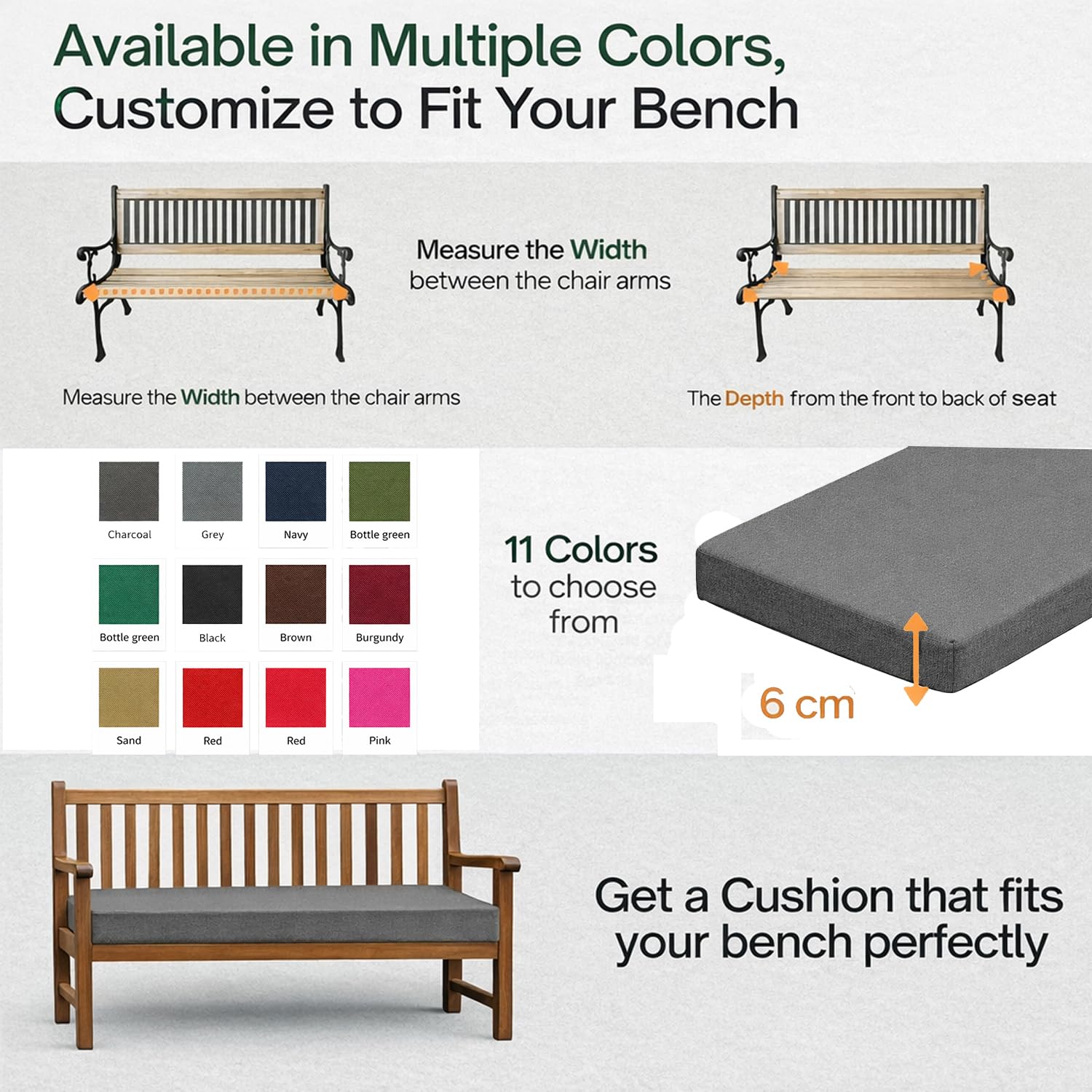 Brillars Garden Patio Bench Pad Outdoor Water Resistant Fabric 2/3/4 Seater Furniture Swing Seat Hammock Thick Pillow Cushion (Charcoal Grey - Image 3