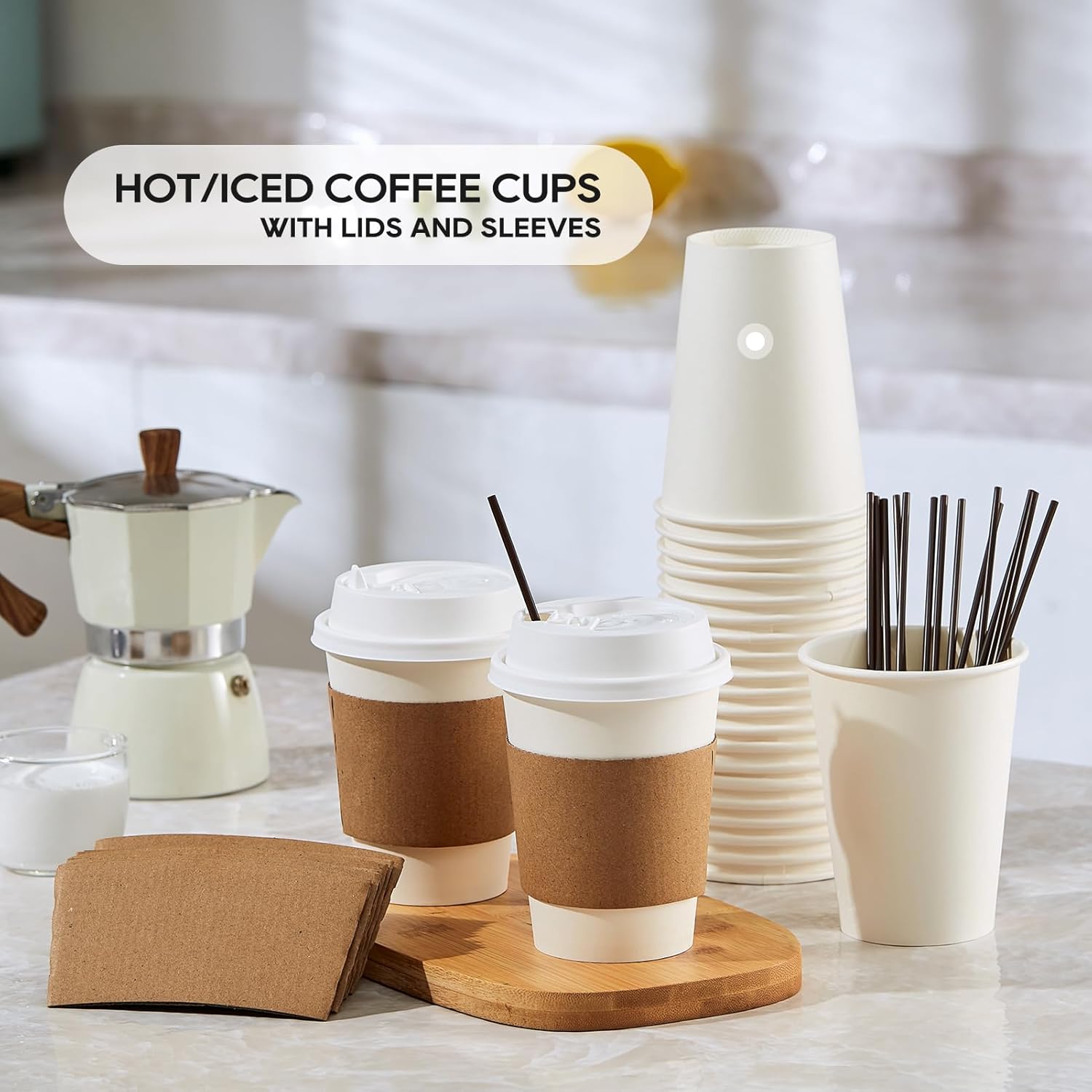 JOLLY PARTY [50 Pack] 12 oz Paper Coffee Cups, Disposable Paper Coffee Cup with Lids, Sleeves, and Stirrers, Hot/Cold Beverage Drinking Cup for Water, Juice or Tea, Suitable for Home, Shops and Cafes - Image 7